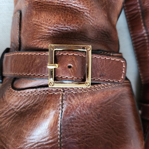 Sz7 Tory Burch Patterson Brown Leather Riding Boots with Gold Medallion Logo - Picture 9 of 13